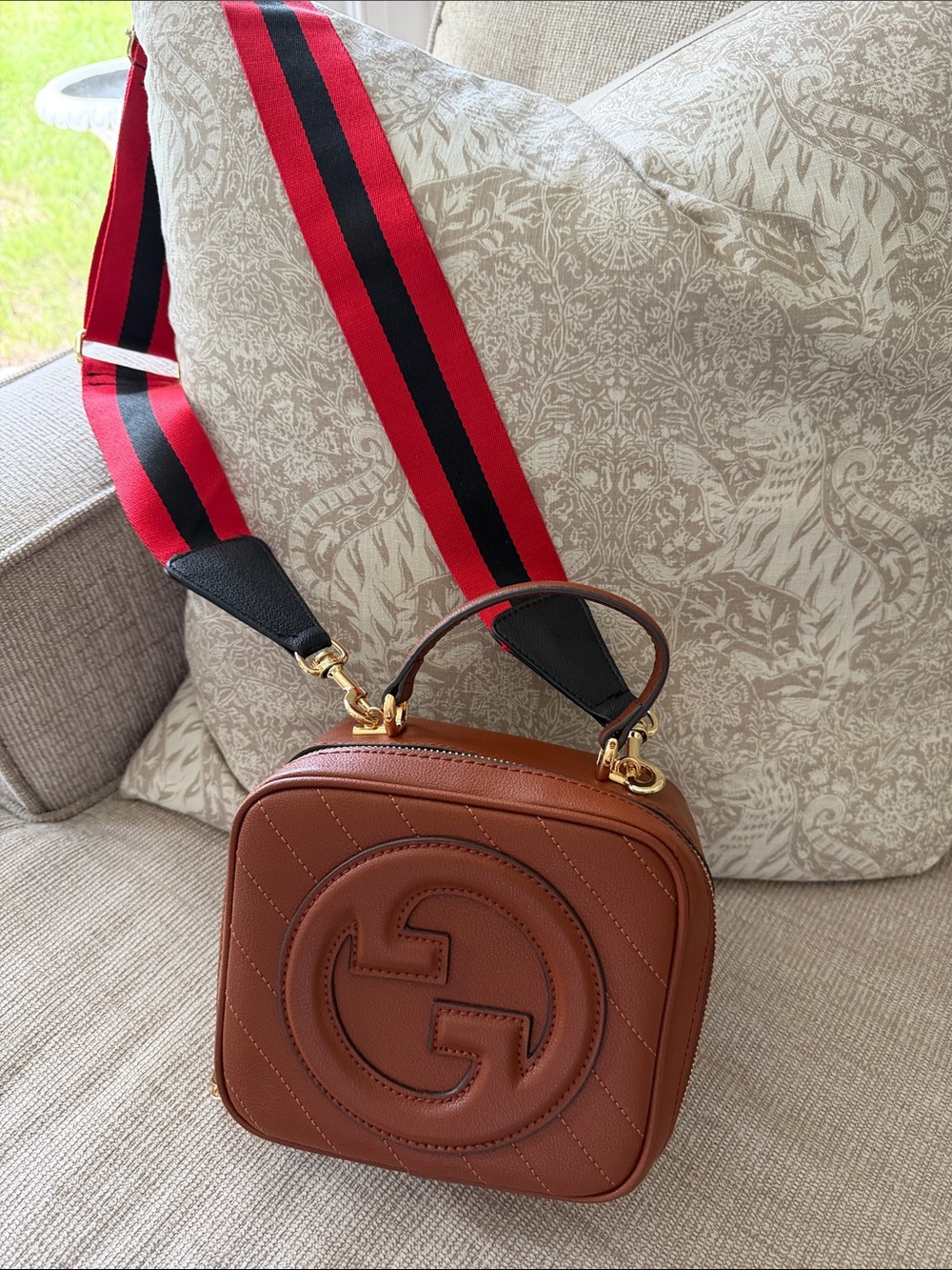 Brown Leather Crossbody Bag with Red-Black Strap